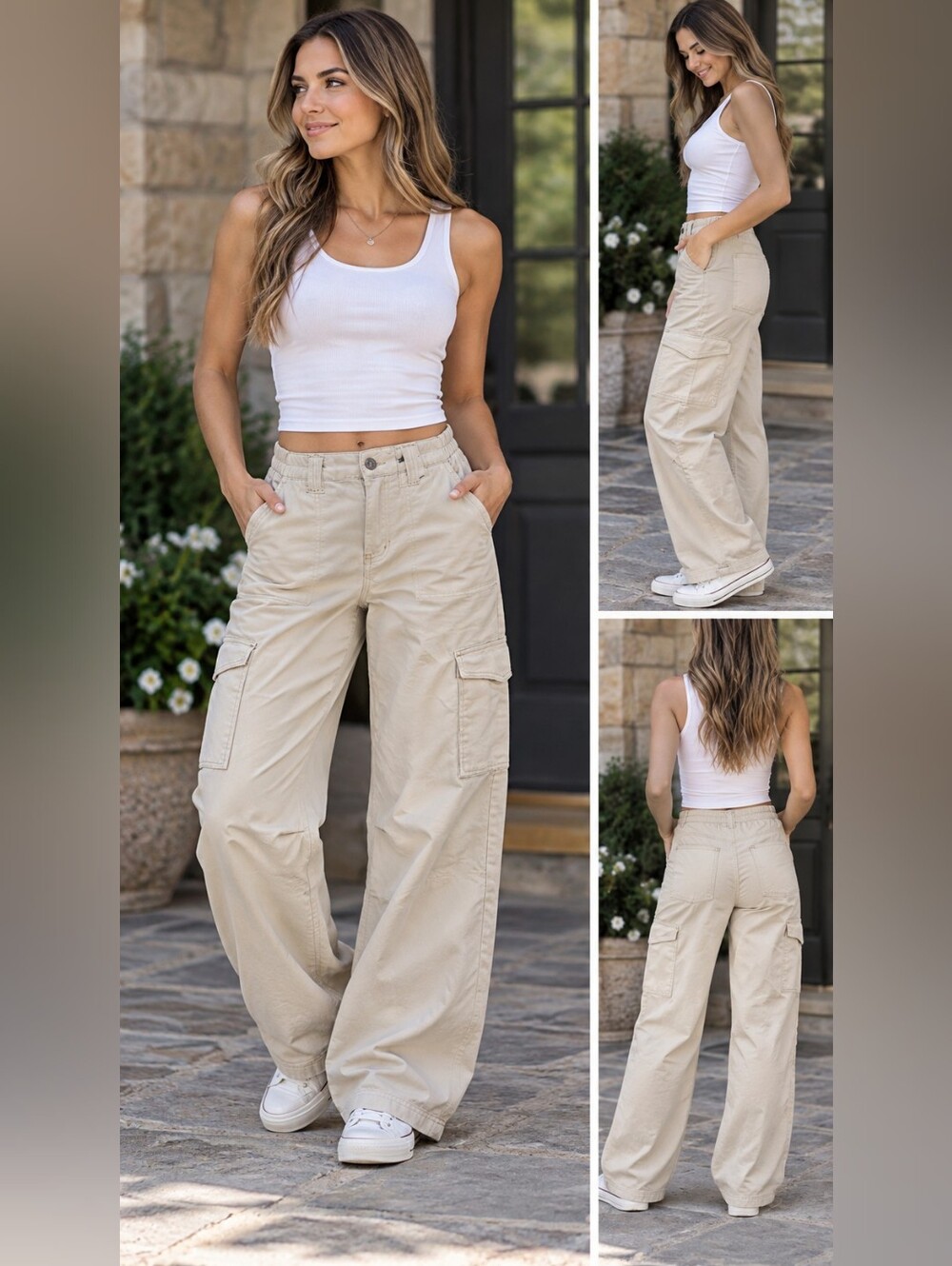 Almost Famous Women’s Cargo Pants Small Beige Wide Leg NWT Utility Y2K Casual